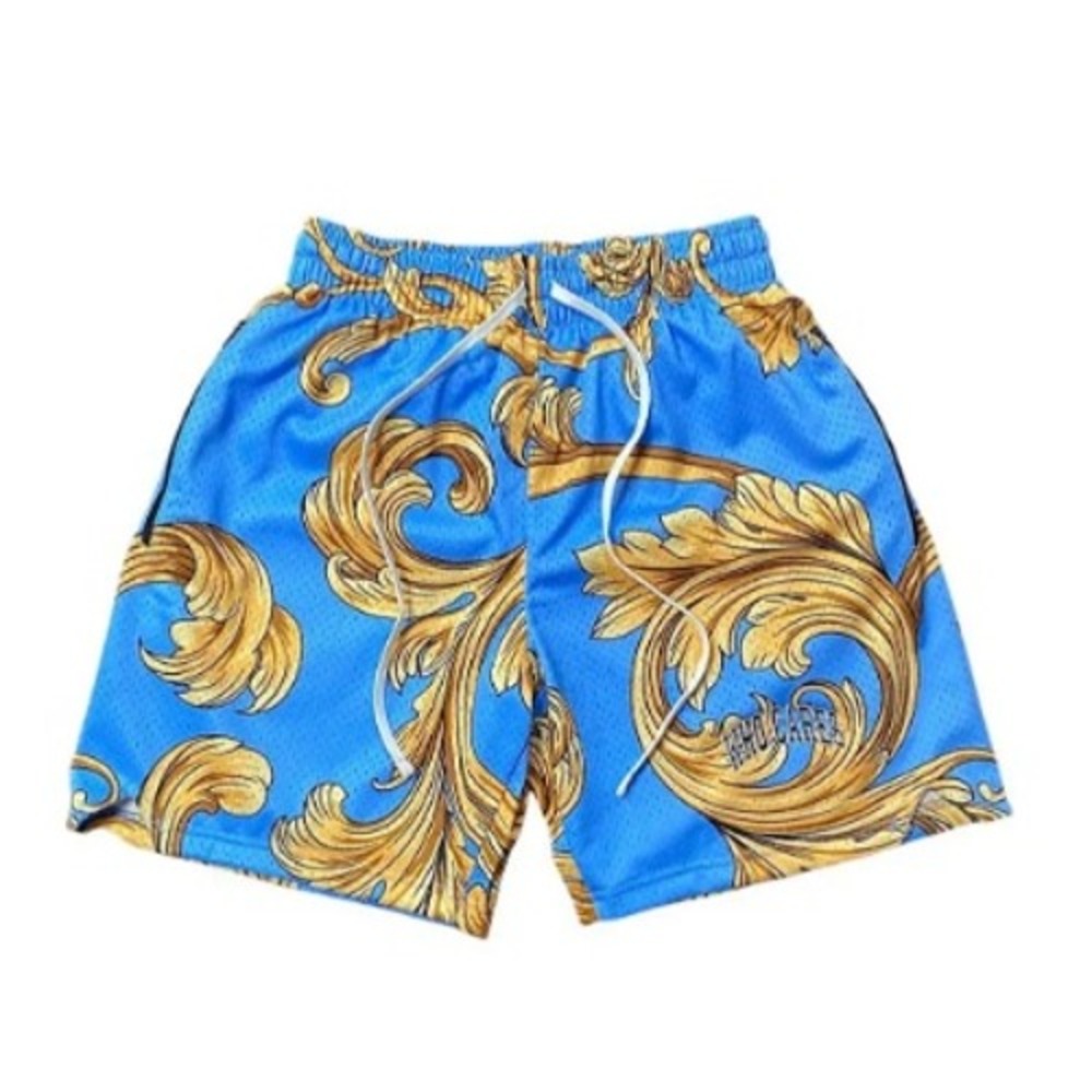 Who Cares Shorts Blue Baroque Print Polyester Elastic Waist Drawstring Size L